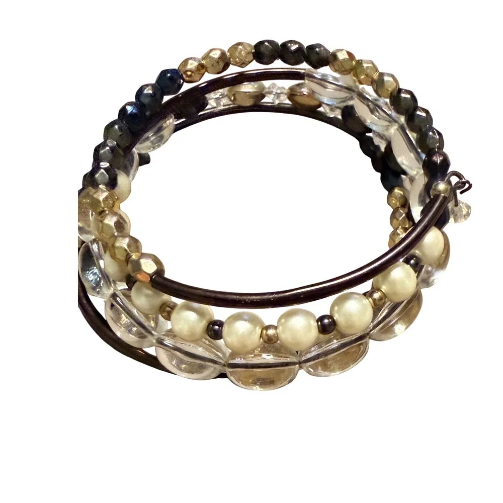 Womens Beaded Memory Wire Wrap Bracelet Black Gold Clear Faux Pearl Stacked Coil